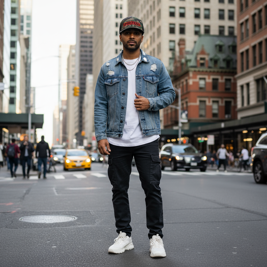 Person wearing spiritual camouflage trucker hat in urban setting