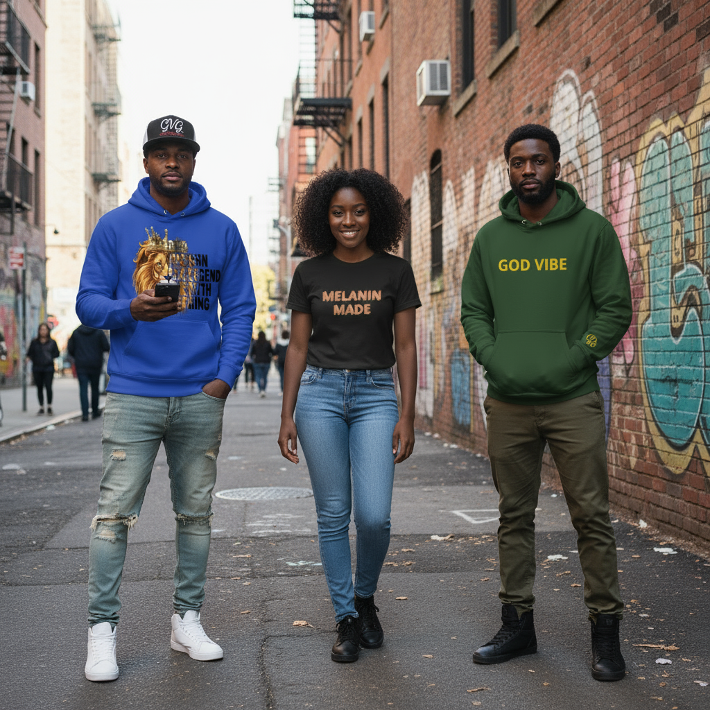 Simplified urban scene with 3 people in God Vibe Gear